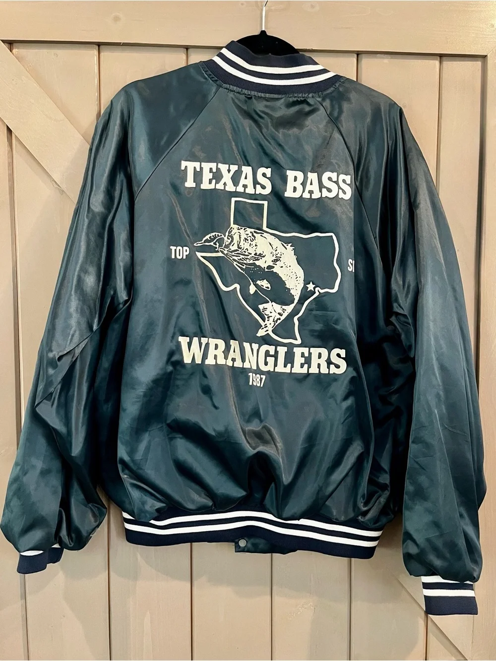 Vintage Texas Bass Wranglers Satin Bomber Jacket in Teal with White Trim